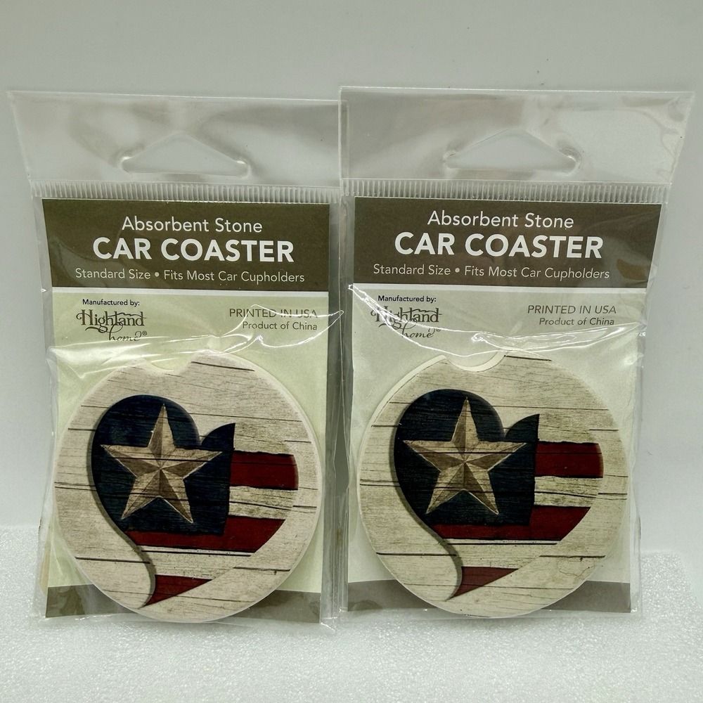 Highland Home Absorbent Stone Car Coasters Star & Stripes Heart Lot of 2